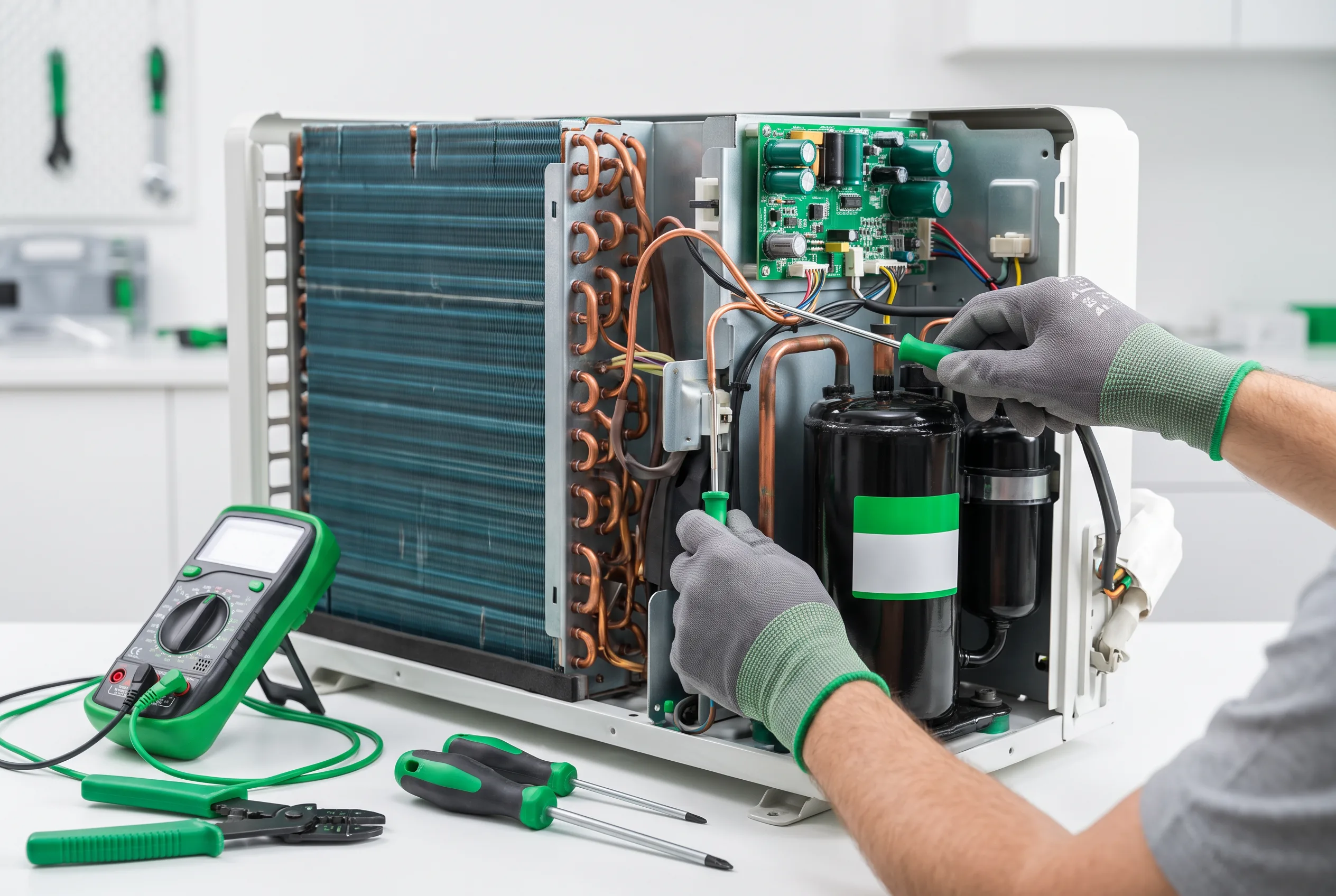 Técnico realizando conserto de ar condicionado em Santos